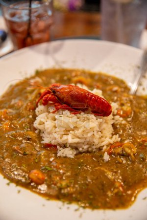 Photo for Cajun crawfish etouffee served and plated garnished with a crawfish - Royalty Free Image
