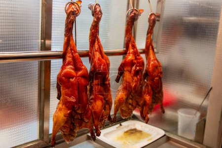 Hanging roast duck at a chinese restaurant