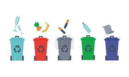 Téléchargez les illustrations : Déchets dans les poubelles avec des icônes triées vectorielles de déchets. Recyclage de la collecte de la séparation des ordures et recyclé isolé sur fond blanc - en licence libre de droit