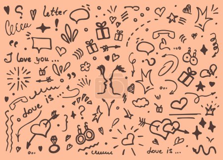 Illustration for Doodle vector illustration - hand drawn sketchy love and hearts details. set of cute funny doodle vector illustration for decoration on peach fuzz background with lettering. elements objects and icons - Royalty Free Image