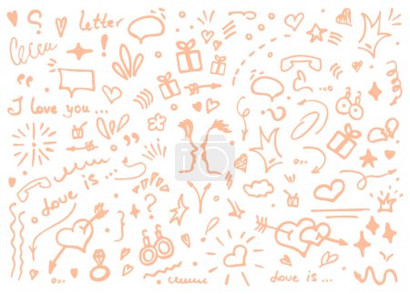 Ilustración de Ilustración vectorial de Doodle: detalles dibujados a mano del amor y los corazones. conjunto de lindo divertido doodle vector ilustración para la decoración sobre fondo blanco con letras. elementos objetos e iconos - Imagen libre de derechos