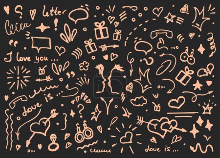 Ilustración de Ilustración vectorial de Doodle: detalles dibujados a mano del amor y los corazones. conjunto de lindo divertido doodle vector ilustración para la decoración sobre fondo negro con letras. elementos objetos e iconos - Imagen libre de derechos