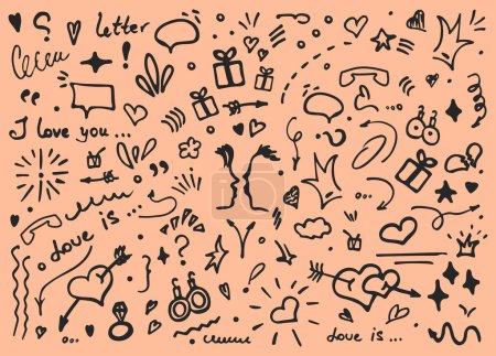 Doodle vector illustration - hand drawn sketchy love and hearts details. set of cute funny doodle vector illustration for decoration on peach fuzz background with lettering. elements objects and icons