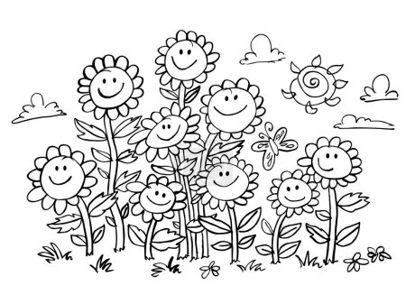 Illustration for Vector black and white cartoon sunflowers illustration. Suitable for greeting cards, colouring activity and wall murals. Coloring activity for kids. - Royalty Free Image