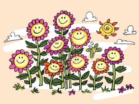 Illustration for Vector yellow colourful cartoon sunflowers illustration. Suitable for greeting cards and wall murals. Happy flowers. - Royalty Free Image