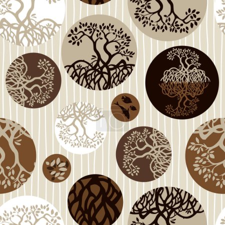 Illustration for Vector brown of mangrove plants seamless repeat pattern which commonly grows on a tropical beach with round circles 01. Suitable for textile, gift wrap and wallpaper.Surface pattern design. - Royalty Free Image