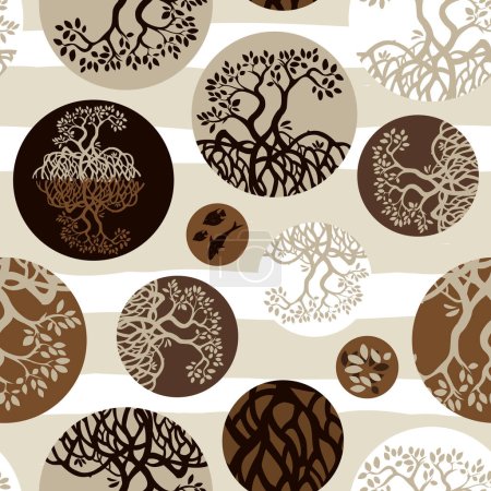Illustration for Vector brown of mangrove plants seamless repeat pattern which commonly grows on a tropical beach with round circles 02. Suitable for textile, gift wrap and wallpaper.Surface pattern design. - Royalty Free Image