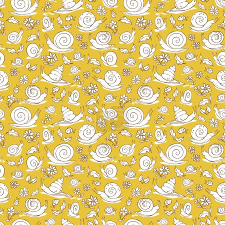 Illustration for Vector yellow hand drawn snails and flowers repeat pattern texture. Suitable for gift wrap, textile and wallpaper. Surface pattern design. - Royalty Free Image