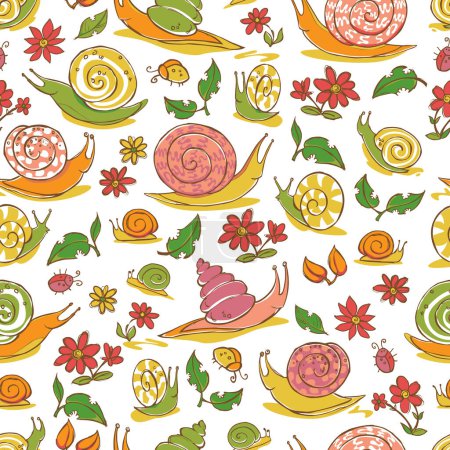 Illustration for Vector white hand drawn snails and flowers repeat pattern. Suitable for gift wrap, textile and wallpaper. Surface pattern design. - Royalty Free Image