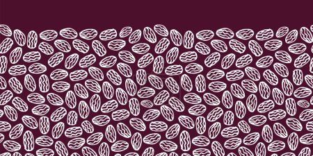 Illustration for Purple monochrome simple dried fruits dates outlines polko dot texture horizontal border. Delicious healthy dessert vegan food and snacks pattern. Surface pattern design. - Royalty Free Image