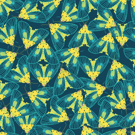 Ilustración de Las polillas vectoriales azules y amarillas con alas detalladas repiten el patrón. Adecuado para envoltura de regalo, textil o papel pintado. Diseño del patrón de superficie. - Imagen libre de derechos