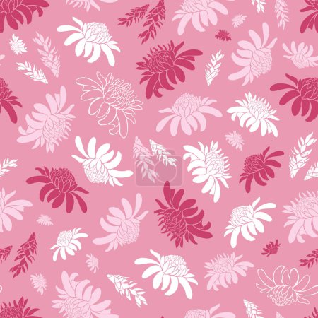 Illustration for Vector pink seamless pattern with tropical torch ginger flowers. Suitable for textile, gift wrap and wallpaper. Surface pattern design. - Royalty Free Image