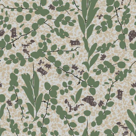 Photo for Vector beige tropical round leaf creeper plant duit-duit Pyrrosia piloselloides on beige terazzo seamless background pattern. Suitable for wallpaper and textile. Surface pattern design. - Royalty Free Image