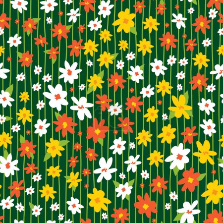 Photo for Vector colourful scattered small fun daisy flowers repeat pattern with vertical stripes. Suitable for textile, gift wrap and wallpaper. Surface pattern design. - Royalty Free Image
