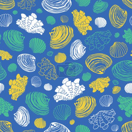 Illustration for Vector blue repeat pattern with variety of clam seashells. Perfect for greetings, invitations, wrapping paper, textile, wedding and web design. Surface pattern design - Royalty Free Image