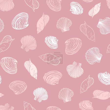 Illustration for Vector coral pink repeat pattern with variety of seashells. Perfect for greetings, invitations, wrapping paper, textile, wedding and web design. Surface pattern design. - Royalty Free Image