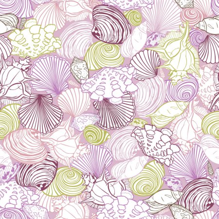Illustration for Vector purple repeat pattern with variety of overlaping seashells. Romantic pink theme. Perfect for fabric, scrapbooking, wallpaper projects. Surface pattern design - Royalty Free Image