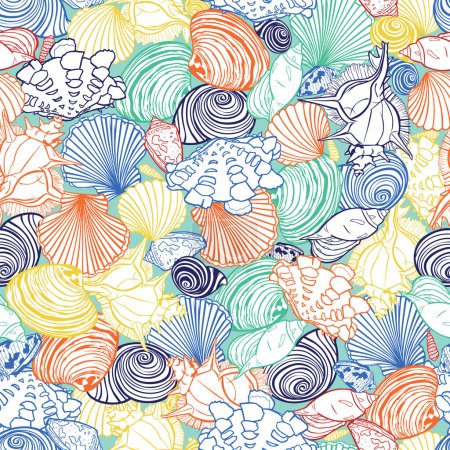 Photo for Vector colorful tropical repeat pattern with variety of overlaping seashells. Perfect for fabric, scrapbooking, wallpaper projects.Surface pattern design - Royalty Free Image