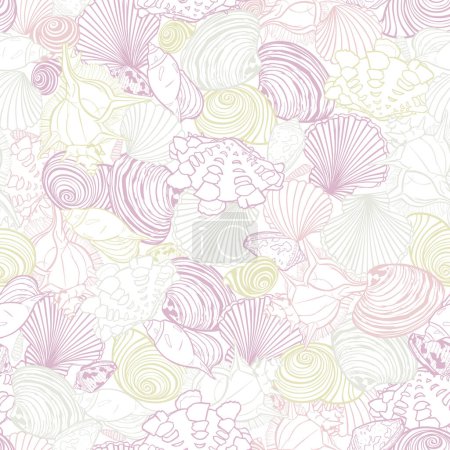 Illustration for Vector white repeat pattern with variety of overlaping seashells. Romantic pink and purple pastel theme. Perfect for fabric, scrapbooking, wallpaper projects. Surface pattern design - Royalty Free Image