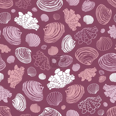 Illustration for Vector purple repeat pattern with variety of clam seashells. Perfect for greetings, invitations, wrapping paper, textile, wedding and web design. Surface pattern design - Royalty Free Image