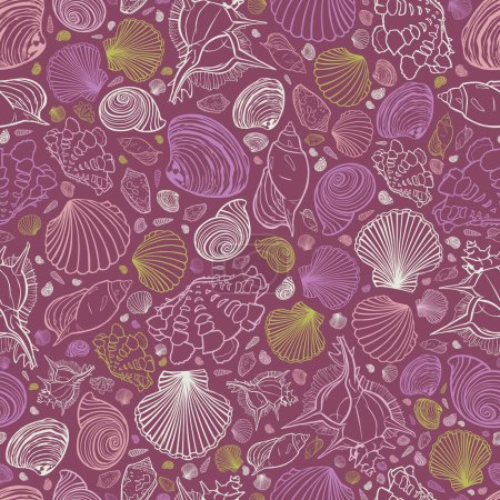 Illustration for Vector purple repeat pattern with variety of seashells. Perfect for greetings, invitations, wrapping paper, textile, wedding and web design. Surface pattern design - Royalty Free Image