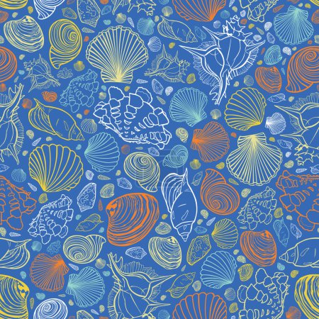 Illustration for Vector blue repeat pattern with variety of colourful seashells. Perfect for greetings, invitations, wrapping paper, textile, wedding and web design. Surface pattern design - Royalty Free Image