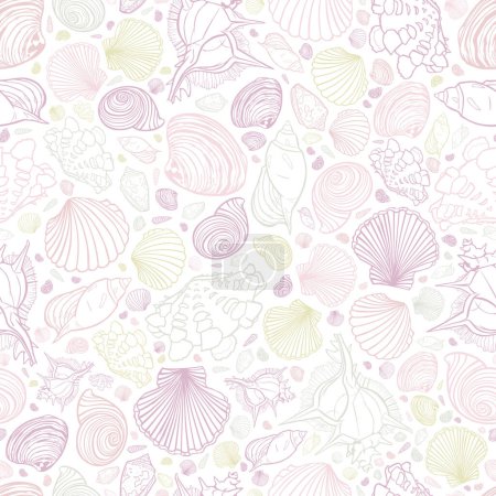 Illustration for Vector white pastel colours repeat pattern with variety of seashells. Perfect for greetings, invitations, wrapping paper, textile, wedding and web design. Surface pattern design - Royalty Free Image