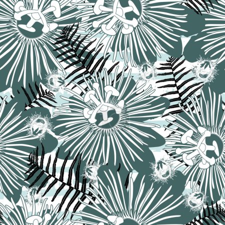 Illustration for Vector green mint passion flower and ostrich fern seamless repeat pattern. Suitable for fabric, wallpaper and gift wrap. Surface pattern design. - Royalty Free Image