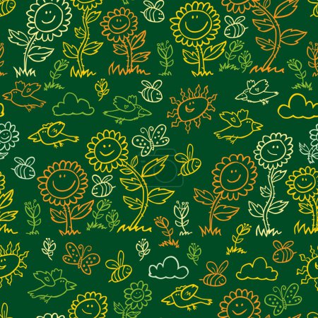 Illustration for Vector green chalkboard style sunflowers, birds and bees repeat pattern. Suitable for gift wrap, textile and wallpaper. Surface pattern design. - Royalty Free Image