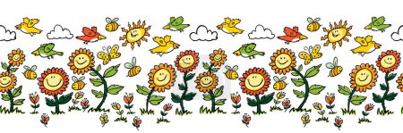 Illustration for Vector colorful cartoon sunflowers, birds and bees horizontal border. Suitable for wall murals, gift warp, textile and wallpaper. Surface pattern design. - Royalty Free Image