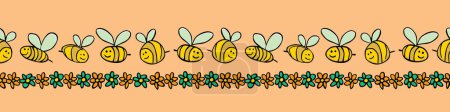 Illustration for Vector pastel orange bees and flowers stripes horizontal border pattern.Suitable for gift wrap, textile and wallpaper. Surface pattern design. - Royalty Free Image