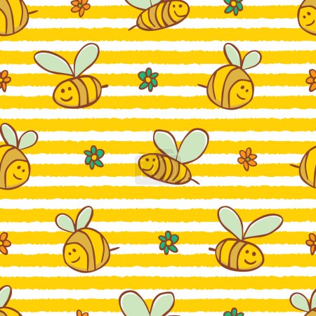 Illustration for Vector yellow stripes cute bees and flowers repeat pattern. Suitable for gift wrap, textile and wallpaper. Surface pattern design. - Royalty Free Image