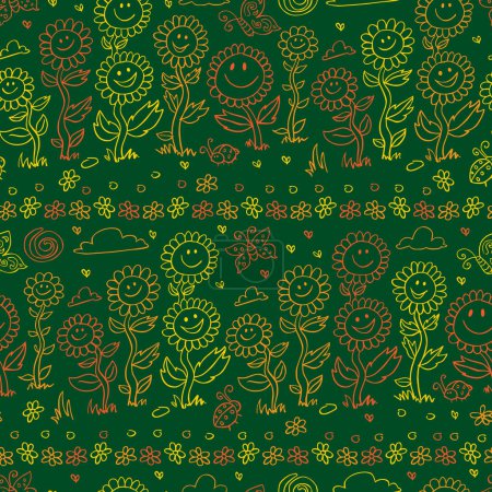 Illustration for Vector green chalkboard style sunflowers, daisies and butterflies repeat pattern. Suitable for gift wrap, textile and wallpaper. Surface pattern design. - Royalty Free Image