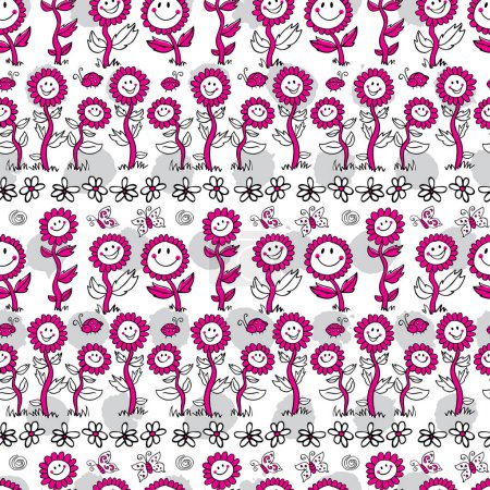 Illustration for Vector black and white and magenta monochrome cartoon sunflowers repeat pattern with grey polka dots. Suitable for textile, wallpaper and giftwrap. Surface pattern design. - Royalty Free Image