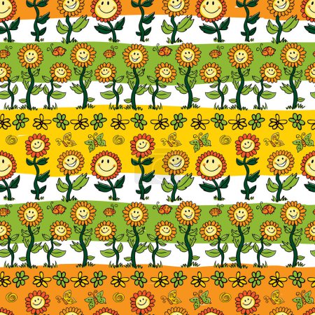 Illustration for Vector yellow colourful cartoon sunflowers with stripes seamless pattern. Suitable for wallpaper, giftwrap and textile. Surface pattern design. - Royalty Free Image