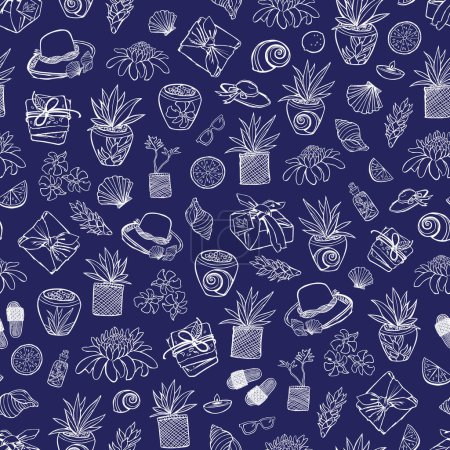 Ilustración de Vector indigo azul playa tropical balneario patrón de repetición con muchos elementos. Adecuado para envoltura de regalo, textil y papel pintado. Diseño del patrón de superficie. - Imagen libre de derechos