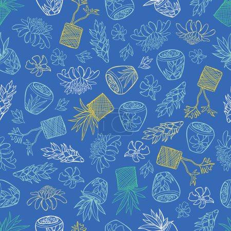 Téléchargez les illustrations : Modèle tropical bleu vectoriel avec fleurs de gingembre, plantes panier et pots en céramique de style bali. Parfait pour le tissu, scrapbooking, projets de papier peint. Conception de motif de surface. - en licence libre de droit