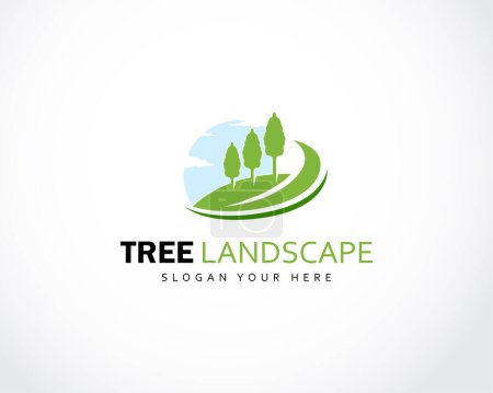 Téléchargez les illustrations : Pin arbre forêt et route paysage logo icône vectoriel modèle - en licence libre de droit