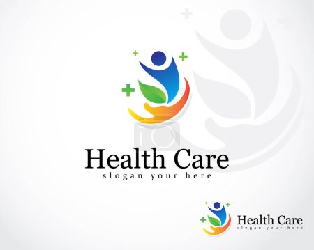 Téléchargez les illustrations : Logo soins de santé main créative et les gens abstraite nature herbe médicale icône conception vecteur - en licence libre de droit