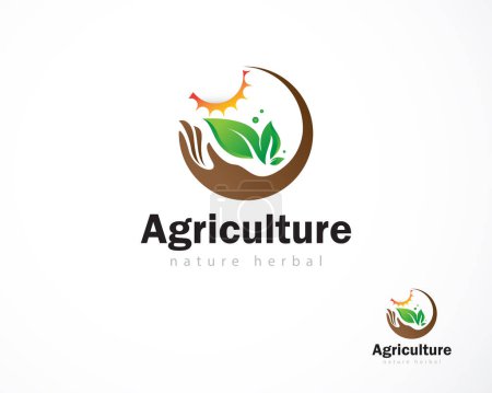 Téléchargez les illustrations : Agriculture logo créatif ferme nature herbes soins laisser soleil conception concept croissance - en licence libre de droit