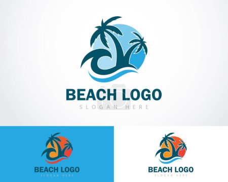 Téléchargez les illustrations : Logo de plage concept de design créatif soleil lever de soleil voyage logo arbre design naturel tropical emblème - en licence libre de droit