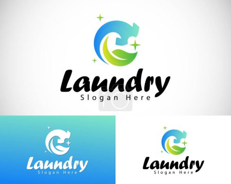 Moderno logotipo de lavandería con ilustración de la ropa de la naturaleza deja limpia fresco