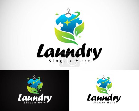 Moderno logotipo de lavandería con ilustración de la ropa de la naturaleza deja limpia fresco