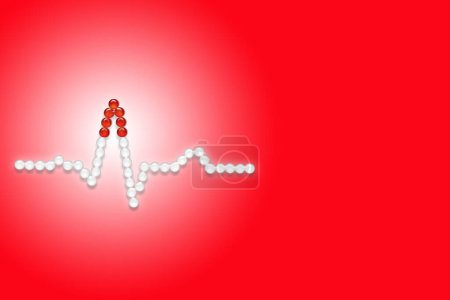 Photo for Heart attack ECG wave form made of glowing medical pills against a red and white background. PQRST sinus rhythm shape formed from white tablets. Clinical image editorial medical heart related picture. EKG cardiac trace. - Royalty Free Image