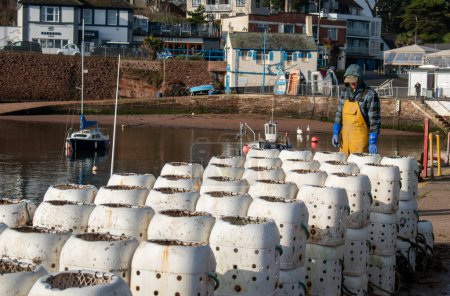 Téléchargez les photos : Paignton, Devon, uk. 15 février 2023. Pots Whelk blanc sur un quai de pêcheurs avec un pêcheur local en arrière-plan. Concentre-toi sur le pêcheur. Image locale de fruits de mer frais avec un bon espace de copie. - en image libre de droit