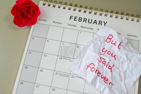 Foto de Concepto de San Valentín imagen de soledad y separación. Un calendario que muestra febrero con una rosa y un pedazo de papel arrugado que dice "Pero dijiste para siempre". Enfoque selectivo el 14 de febrero. - Imagen libre de derechos