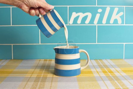 Milk image with a blue and white jug pouring fresh milk into another similar jug. Blue white and yellow coloured theme with the word MILK on the blue tiled wall behind. Dairy produce concept.