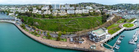 Photo for 05-01-24 Torquay, Devon, uk. Torquay seafront aerial panorama image. The Princess theatre, Rock walk and marina feature. English riviera. - Royalty Free Image
