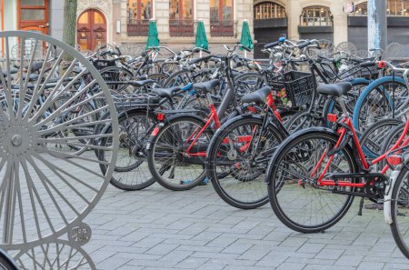 Photo for Bicycles of different colors and styles neatly parked in an equipped parking lot in Amsterdam. - Royalty Free Image