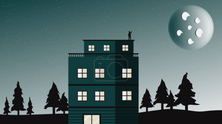 Ilustración de Paisaje con una casa y árboles bajo la luna - Imagen libre de derechos